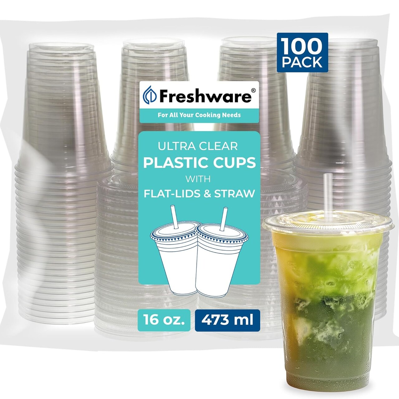 16 oz Clear Disposable Plastic Cups with Flat Lids and Straws, 100 Pack Clear Plastic Cups Tumblers, Heavy-duty Party Glasses, Disposable Cups for Thanksgiving, Halloween, Christmas Party